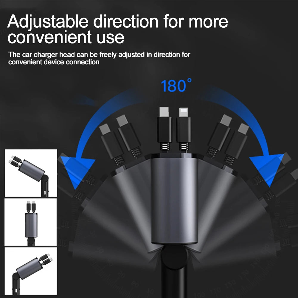 120W 4 IN 1 Retractable Car Charger USB C Cable For IPhone Huawei Samsung Fast Charge Cord Cigarette Lighter Adapter PD QC3.0