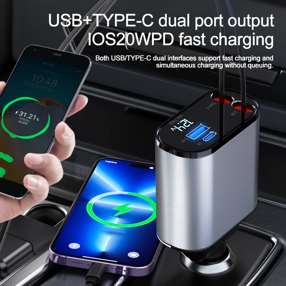 120W 4 IN 1 Retractable Car Charger USB C Cable For IPhone Huawei Samsung Fast Charge Cord Cigarette Lighter Adapter PD QC3.0