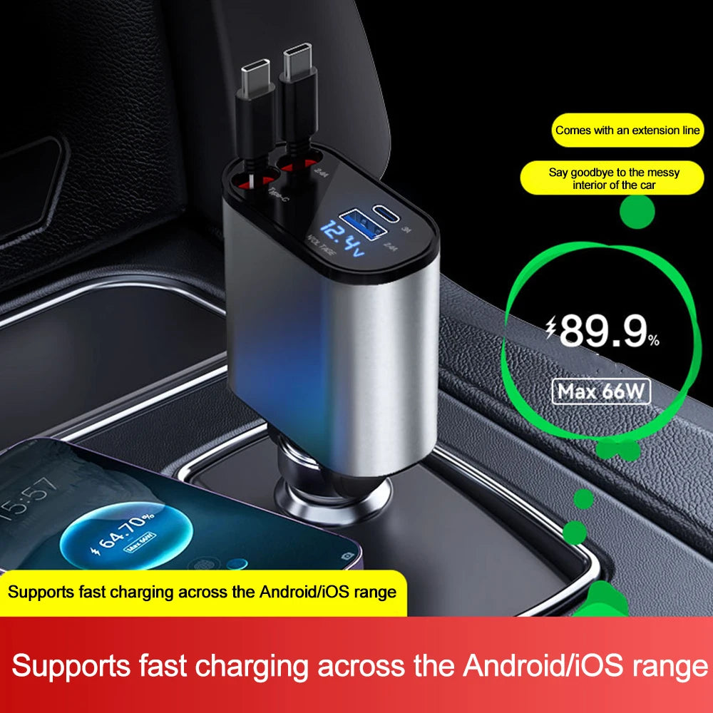 120W 4 IN 1 Retractable Car Charger USB C Cable For IPhone Huawei Samsung Fast Charge Cord Cigarette Lighter Adapter PD QC3.0